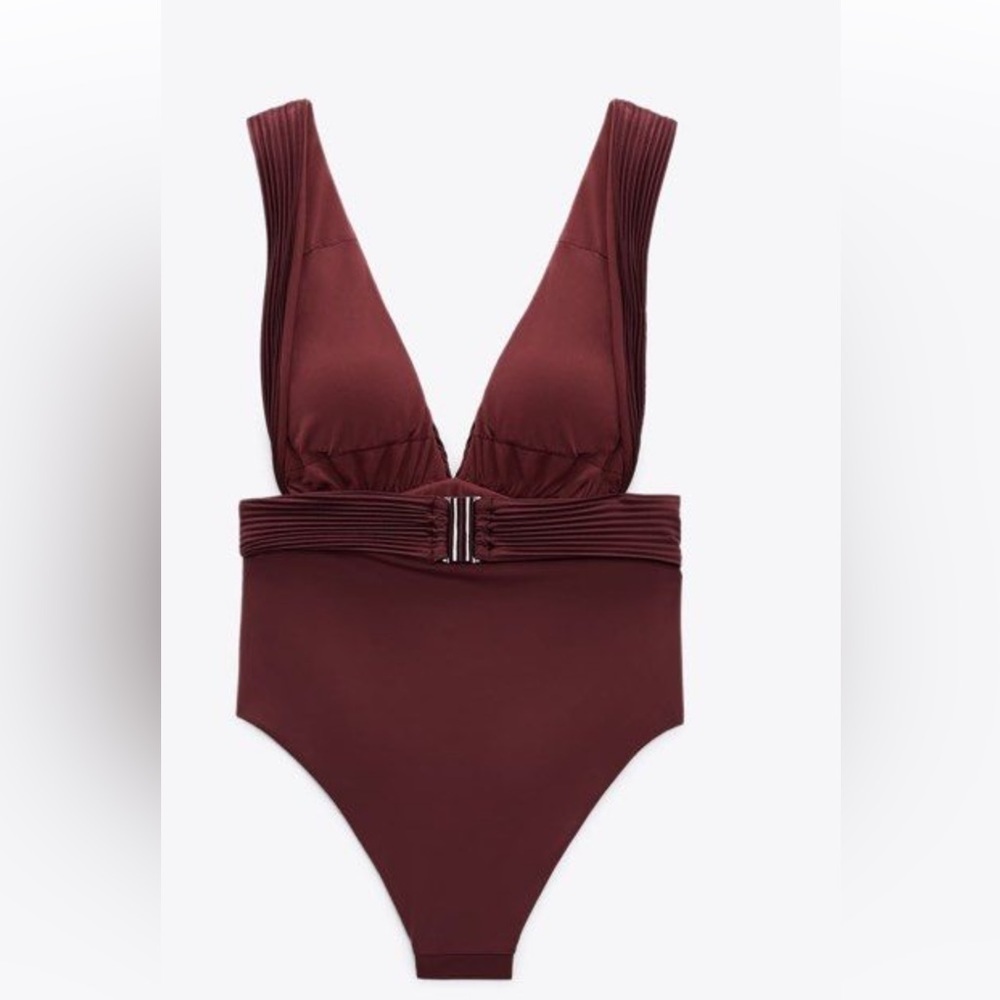 zara Size L wine pleated plunging neck swimsuit